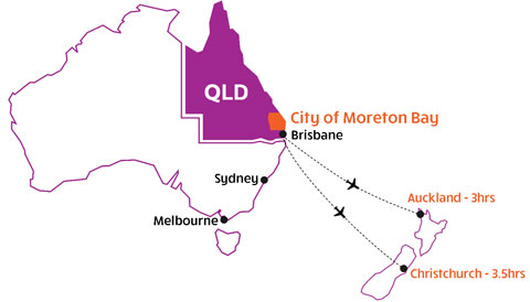 City of Moreton Bay to New Zealand map